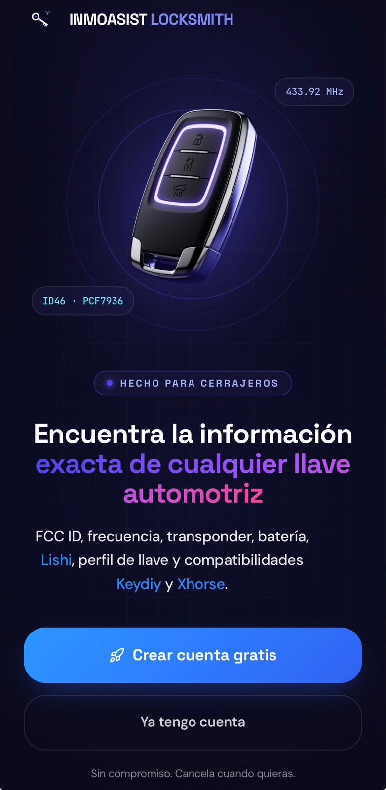 Vista previa de la app InmoAsist mostrando FCC ID, frecuencia y transponder de una llave automotriz