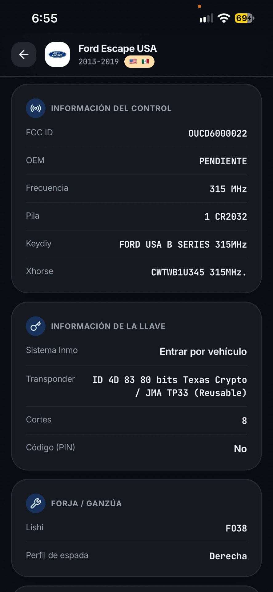 Captura de InmoAsist: FCC ID, OEM, frecuencia, pila, Keydiy, Xhorse, transponder, cortes y Lishi de un Ford Escape USA 2013-2019
