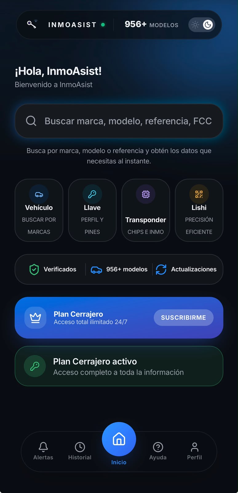 Pantalla principal de la app InmoAsist con buscador de llaves